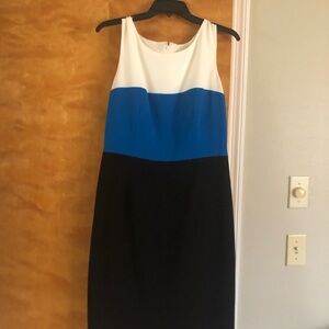 Kasper White, Blue, and Black Midi Dress